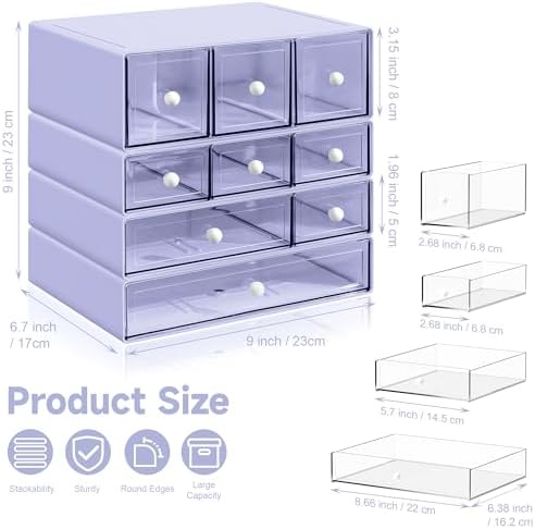 Desk Organizer with 9 Drawers, 4 Tiers Stackable Storage Drawers, Desktop Storage Box with Clear Drawers for Stationery, Makeup, Jewelry, Office and Craft Supplies (Purple) - Image 3