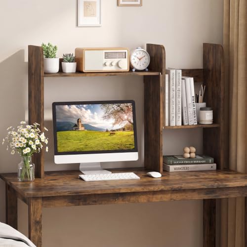 Tangkula Extendable Desktop Bookshelf, Dorm Desk Hutch, Rustic Brown - Image 2