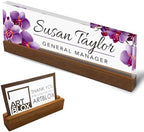 Artblox Personalized Office Desk Name Plate and Business Card Holder | Clear Acrylic Glass with Teak Wood Stand | Purple Orchids Design Customized with Your Name and Credentials Office Desk Decor by Artblox
