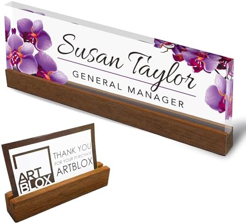 Artblox Personalized Office Desk Name Plate and Business Card Holder | Clear Acrylic Glass with Teak Wood Stand | Purple Orchids Design Customized with Your Name and Credentials Office Desk Decor by Artblox