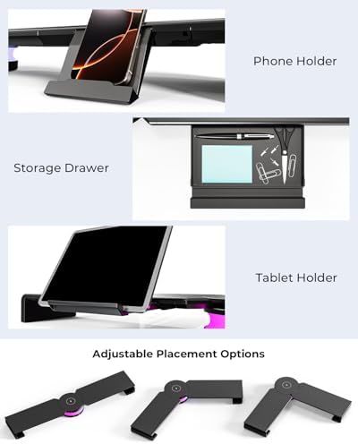 Klearlook Computer Monitor Stand Riser with Wireless Charging Pad, RGB LED Light Strip, USB 3.0 Hub (1A+1C), 48W Power Adapter, Desk Organizer for Home Office(Black-RGB) - Image 4