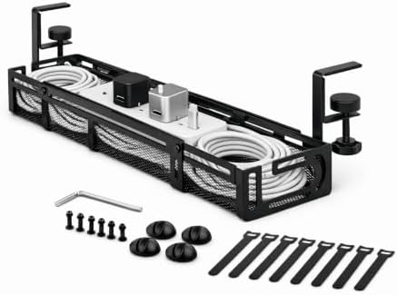 Expandable Under Desk Cable Management Tray, Expandable 15.7”–27.6”, No Drill Metal Cable Organizer with Clamp Mount for Standing Desk, Office & Home Desk (Black by Unknown