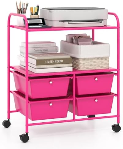 Giantex Rolling Storage Cart w/ 4 Drawers 2 Shelves Metal Rack Shelf Home Office School Beauty Salon Utility Organizer Cart with Wheels, Hot Pink by Giantex