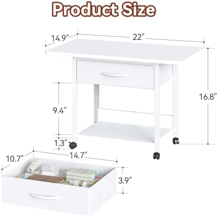 Printer Stand with Locking Wheels, 2-Tier Printer Table with Fabric Drawer, Under Desk Rolling Table Cart for Home Office, Fit Fax Machine Scanner, White - Image 6