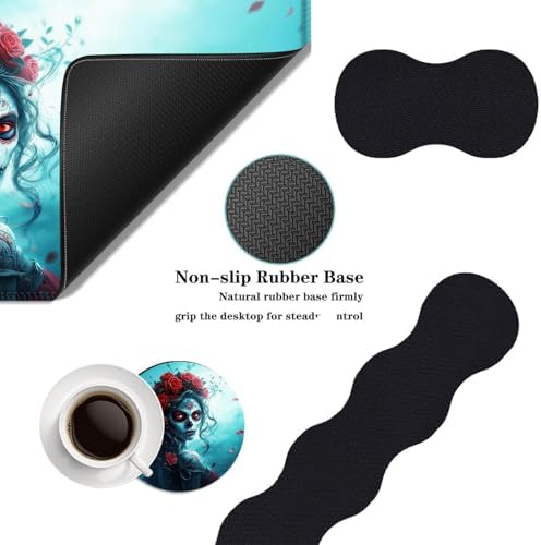 Mouse Pad,Large Desk Mat Set, 4in1 XL Mousepad + Keyboard Wrist Rest+Mouse Wrist Rest+Coaster with Ergonomic Desk Pad for Home Office Table Computer Cover -Woman with Skull Face - Image 2