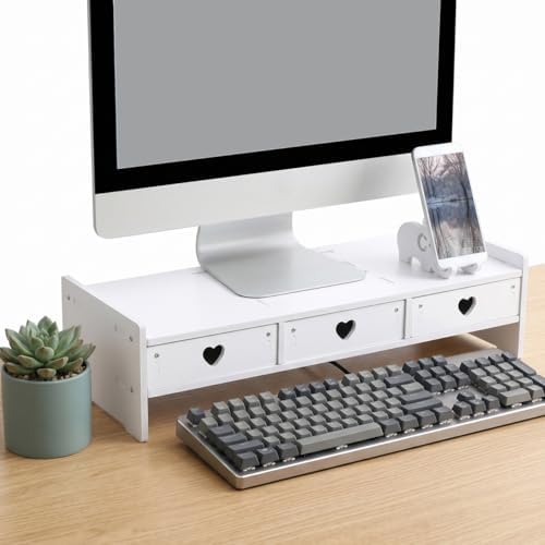 Computer Monitor Riser with Drawer Keyboard Storage Rack for Desk Organization Desk Shelf Organizer for Laptop 19.29 X 7.48 X 3.93 in White Wood-Composite - Image 3