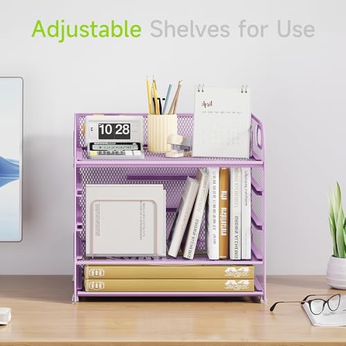Cawukege 2 Pack 5 Tier Paper Organizer, Letter Tray with Handle, Mesh Desk Organizer, Metal File Organizer, Office Desk Accessories for Home, Office, Classroom, School -Purple - Image 2