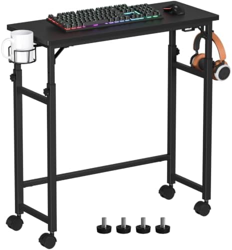 Snughome Mobile Keyboard Tray with Wire Cup Holder & 2 Storage Hooks, Height Adjustable 27.5"–44.4", Rolling Standing Desk Keyboard Platform with Lockable Casters for Home Office, Black by Snughome