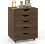 Byroce 5-Drawer Storage Cabinet with Wheels, Mobile Office Cabinet, Walnut by Unknown