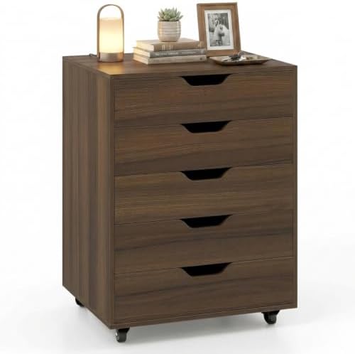 Byroce 5-Drawer Storage Cabinet with Wheels, Mobile Office Cabinet, Walnut by Unknown