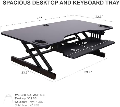 Rocelco 45" Height Adjustable Standing Desk Converter with Triple Monitor Mount and Slide Out Retractable Keyboard Tray - Sit Stand Up Three Screen Tabletop Riser Workstation - Black (R ADRB-45-DM3) - Image 4