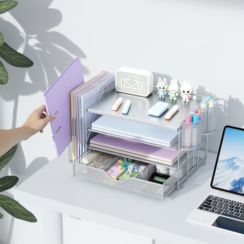 gianotter Desk Organizers and Accessories with File Holder, 4-Tier Desk Accessories & Workspace Organizers with Drawer and 2 Pen Holder, Desk Reference Organizer (Grey, 4T with Metal Drawer) - Image 4