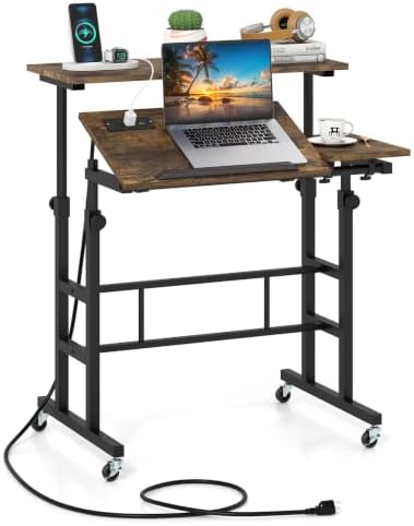 GIANTEX Mobile Standing Desk, Adjustable Rolling Computer Desk (Brown) by Giantex