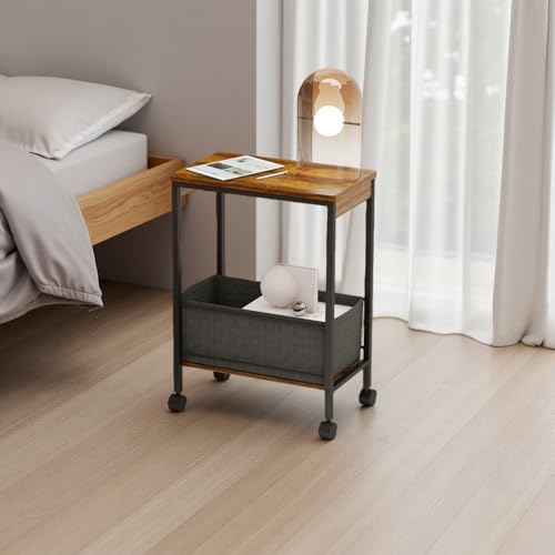 Slim Rolling Side Table with Basket, Narrow Storage Cart on Wheels for Sofa - Image 2
