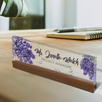 Artblox Personalized Office Desk Name Plate and Business Card Holder | Clear Acrylic Glass with Teak Wood Stand | Lavender Flowers Design Customized with Your Name and Credentials Office Desk Décor - Image 2