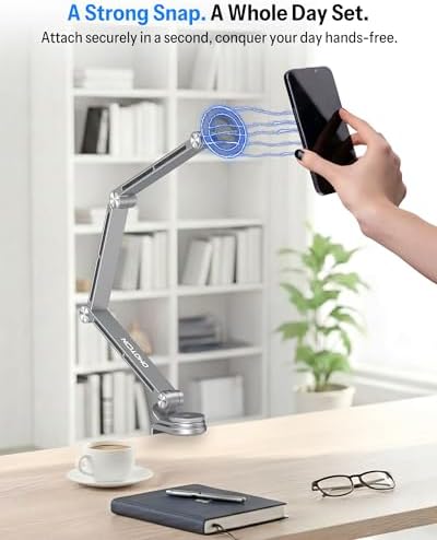 OMOTON Tablet Stand for iPad with 360° Rotation, GH04 Aluminum Alloy Long Arm Phone Mount with Magnetic Phone Head & Plastic Tablet Clamp, Adjustable Holder for 4-13" iPad Pro/iPhone, Grey - Image 2