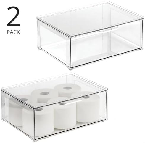 mDesign Plastic Stackable Bathroom Storage Organizer Bin Containers with Front Pull Drawer for Bathroom Countertop, Vanity, Closet Shelves - Holder for Accessories - Lumiere Collection, 2 Pack, Clear - Image 4