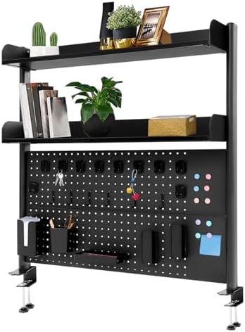 Clamp-On Pegboard Desk Organizer, 2-Tier Clamp On Desk Shelf with Hooks, Office Accessory Organizer for Books, Office Supplies & DIY Storage, 16.5lbs Capacity, 39.37" x 37.4", Black by Unknown