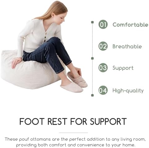 HIGOGOGO Square Stuffed Pouf Ottoman, Corduroy Poufs with Foam Chunk Filling, Furry and Fluffy Pouf Foot Stool Storage Ottoman, 25.6 X 25.6 Floor Poufs Foot Rest for Living Room, Beige - Image 6