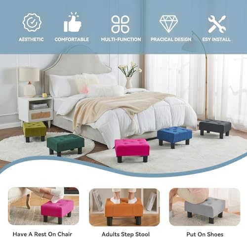 Poofzy Small Foot Stool Ottoman, Velvet Ottoman Foot Rest with Legs, Rectangle Foot Rest for Couch, Footstools and Ottomans Small for Living Room and Entryway (Hot Pink) - Image 6