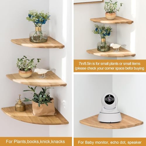 Corner Shelf, Solid Oak Wood Floating Corner Shelves Wall Mount Round End with Wire Hole for Small Plant Photo Frame for Bedroom Kitchen, Living Room - Image 3