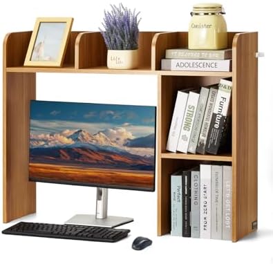VEVOR Wood Desk Shelf, Desktop Bookshelf, Desk Storage Hutch with 6 Shelves, Office Countertop Organizer 3-Tier Display Rack, with Anti-Slip Feet Pads, for Office, Home & Dorm, Natural by VEVOR