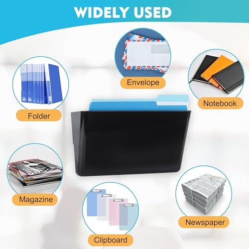 EASEPRES 4 Pack Black Single Pocket Hanging File Organizer, Plastic Wall Mount Paper Mails Magazines Holder, Mounted Folder Bins for Office, School and Home, 12.99x4.13x7.48 inches - Image 6