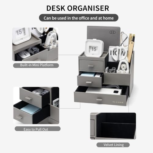 VLANDO Desk Organizer,PU Leather Office Storage with Compartments,Gray - Image 5