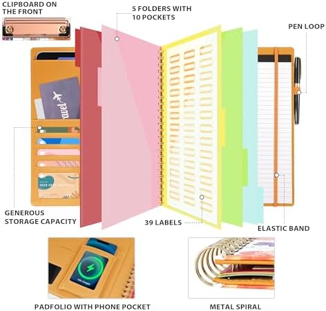 Ospelelf Clipboard with Storage for Women, Leather Padfolio Portfolio Organizer 5 Folders with 10 Pockets, Spiral Clipboard Folio with Notepad for Letter Size, Elastic Closure and Pen Loop Flowers - Image 3