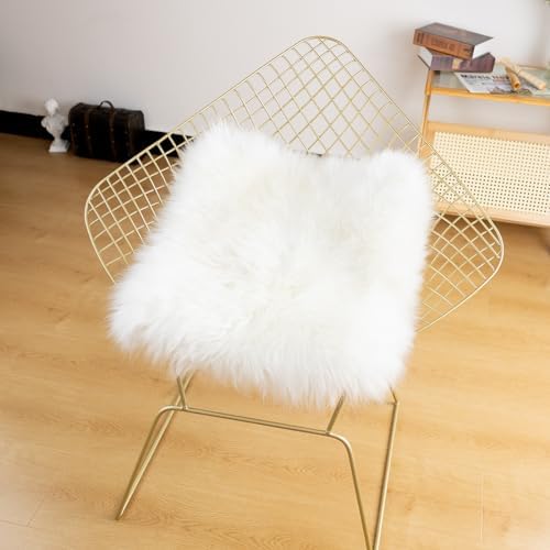 LLB Sheepskin Chair Cushion Non-Slip Back Square Genuine Fur Chair Cover Silky Natural Wool Seat Cushion Pad Soft Area Rugs Carpet for Home Office Restaurant Chair 18x18 Inch (Pack of 1), Ivory White - Image 5
