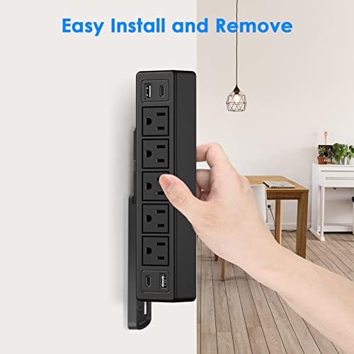 40W Under Desk Power Strip Mountable,20W USB-C Fast Charging Flat Plug Power Strip Surge Protector 1200J,9 in 1 Desk Outlet,5 Outlets,2 USB-C,2 USB-A,10FT Extension Cord Black (Pack of 2) - Image 6