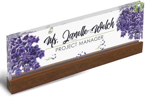 Artblox Personalized Office Desk Name Plate and Business Card Holder | Clear Acrylic Glass with Teak Wood Stand | Lavender Flowers Design Customized with Your Name and Credentials Office Desk Décor - Image 6