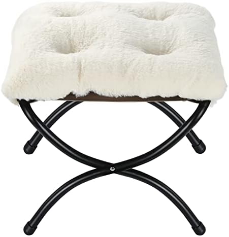 15" Faux Fur Upholstered Folding Foot Rest Stool with Metal Frame Beige by WELL-STRONG