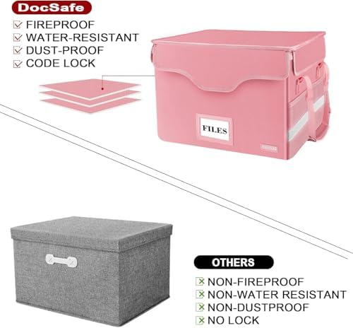 DocSafe Fireproof Document Box with Lock,File Storage Organizer with Pockets,Collapsible Portable File Box Home Office Safe Filing Cabinet with Handle for Hanging Letter/Legal Folders,Pink,2 Pack - Image 2