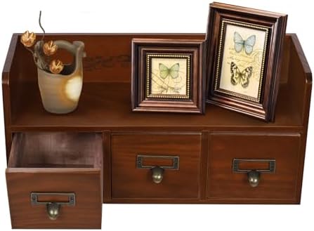3-Drawer Desktop Organizing Cabinet, Pine Wood Countertop Drawers Storage Box, Vintage Desk Organizer Chest for Bills,Office & Home Supplies,Cosmetics,Seals-No Assembly Required by Unknown
