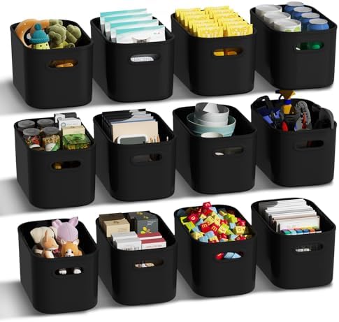 ORGIDOL 12 Pack Black Plastic Storage Bins, Storage Container for Organizing, Storage Boxes with Handle for Shelves, Cute Organizer Bins for Craft, Snacks, Pantry, Cabinet, 8.7x6.7x5.66inch by ORGIDOL