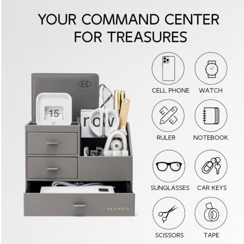 VLANDO Desk Organizer,PU Leather Office Storage with Compartments,Gray - Image 2