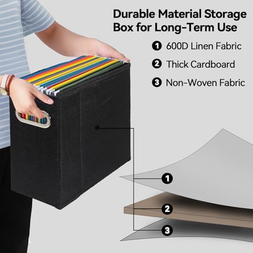 4 Packs Letter Size File Organizer, File Folders Organizer, Fabric Storage Box, Collapsible Paper Organizer with Metal Handle, Smooth PVC Rails, Only Box (Black) - Image 3