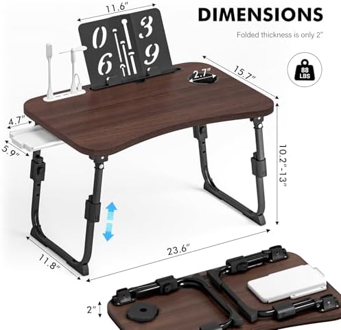 Lap Desk for Bed Adjustable Height, Foldable Bed Table with Storage Drawer, Tablet Slot & Cup Holder, Portable Laptop Stand for Bed & Sofa, Bed Desk for Adults & Kids, Walnut - Image 3