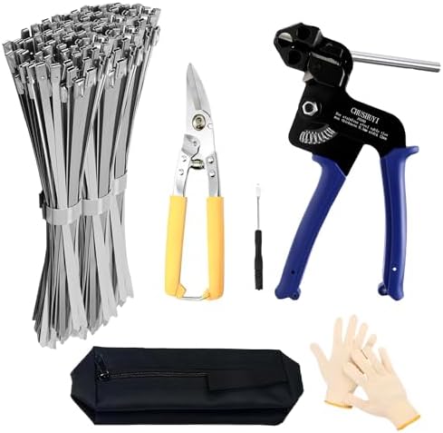 Heavy Steel Cable Tie Tool：Stainless Steel Zip Tie Gun, Metal Tie Wrap Gun Kit, Duty Outdoor Adjustable Fastening Cutting Tie Tool Sets with 100pcs Self-Locking Metal Steel Zip Ties CHUSHUYI by CHUSHUYI%C2%AE