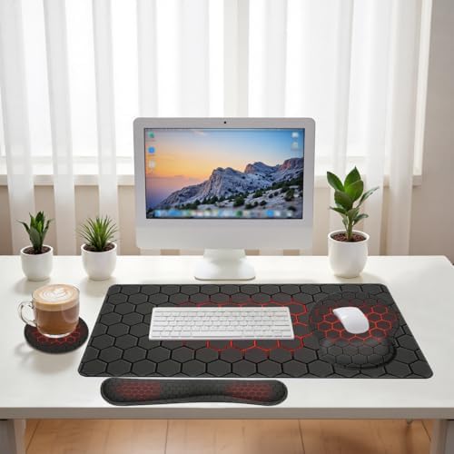 Red Hexagon Desk Mat Set Dark Gaming Tech Grid Mouse Pad with Wrist Rest 4in1 Desk Mat for Desktop Ergonomic Keyboard Wrist Support Anti-Slip Computer Ergonomic Mouse Pad Home Office Gaming - Image 6