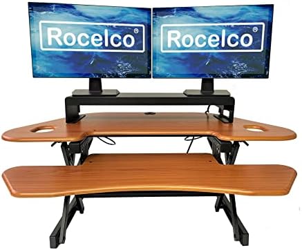 Rocelco 46" Height Adjustable Corner Standing Desk Converter with Dual Monitor Stand Bundle - Sit Stand Up Computer Workstation Riser - Extra Large Keyboard Tray - Teak Wood Grain (R CADRT-46-DMS) - Image 2
