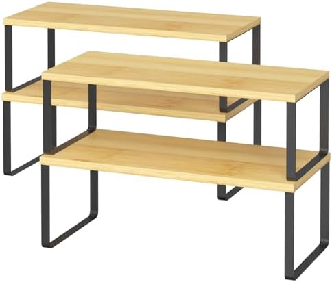 NEX Kitchen Cabinet and Counter Shelf Organizer, Stackable & Expandable, Set of 4, Black and Natural - 7.7 x 15.6 x 6.2'' by NEX