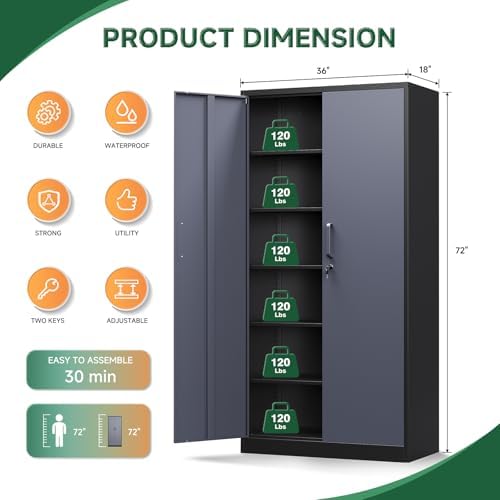 Letaya Metal Storage Cabinet with Lock Door and 5 Shelves,6 Tier Steel Garage Tool Cabinet for Home Office Utility Room 72" H X 36" W X18 D (Black Gray) - Image 3