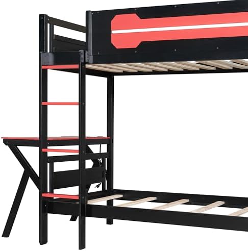 Polibi Twin Over Twin Bunk Bed with 2 Built-in Gaming Desks, USB Charging Ports & Pegboard Organizer, E-Sports Gaming Bed Frame for 2 Kids/Teens, Red (Twin Size) - Image 6
