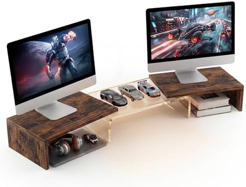 Dual Monitor Riser, Acrylic Monitor Riser, Adjustable Angle & Length Computer Monitor Stand, Wide Desk Shelf for Top of Desk for Home Office_Wood Look Small by Bingyouth
