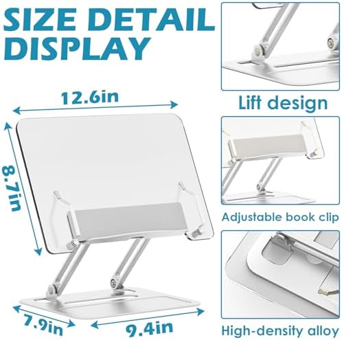 Acrylic Adjustable Book Stand, Reading Stand with Lift Design, High-Density Alloy Desktop Document Holder for Document Recipe, Cookbook, Music Book (Silver) - Image 2