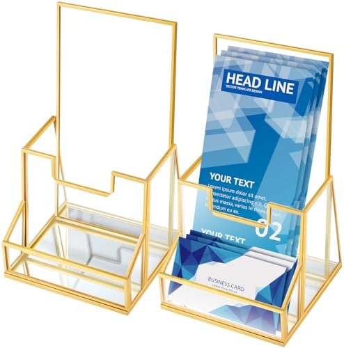 Fuyoooo 2 Pcs 4 Inches Gold Glass Brochure Holder Countertop Literature Trifold Pamphlet Stand with Business Name Card Holder Flyer Brochure Display for Magazine, Booklets, Menu, Journals Display by Liraitoya