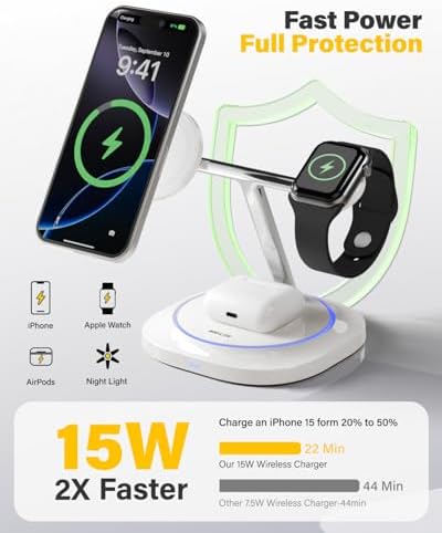 3 in 1 Magnetic Wireless Charger for Apple -Fast Charging Station Compatible with MagSafe for iPhone17-12, Apple Watch&AirPods, Phone and Watch Charger Stand for Desktop Bedside Office (Elegant White) - Image 3