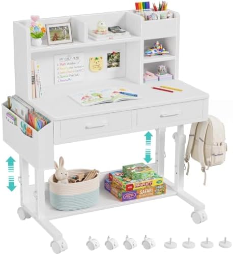 WINAZ White Kids Desk with Hutch, Height Adjustable 32" Small Study Table by Unknown